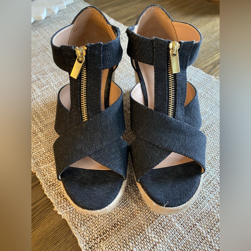 Black Wedge Sandals with Gold Zipper